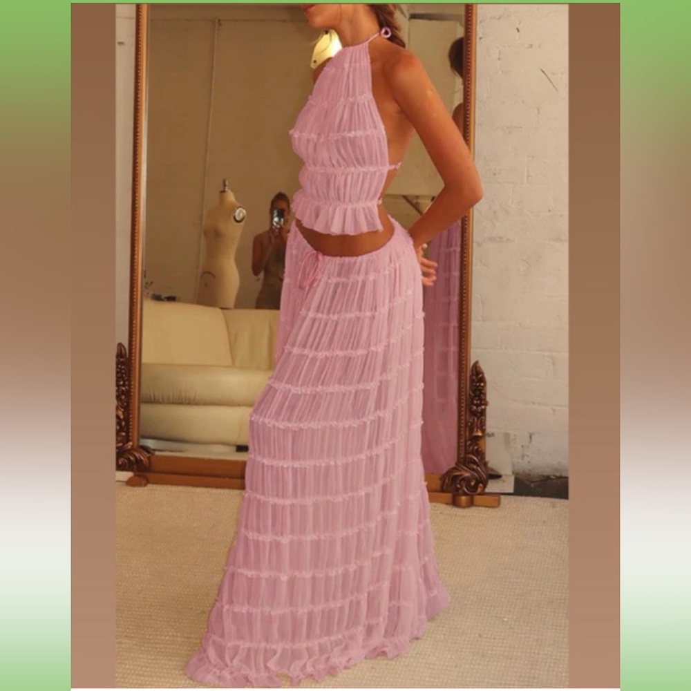 VINTAGE PINK PLEATED MAXI SKIRT SET